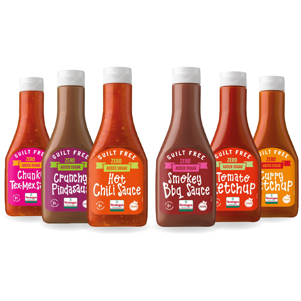 Guilt Free Sauzen Selectie - 6x Suikerarme BBQ & Snacksaus - Ketchup, BBQ, Curry & Chili - 6-delig