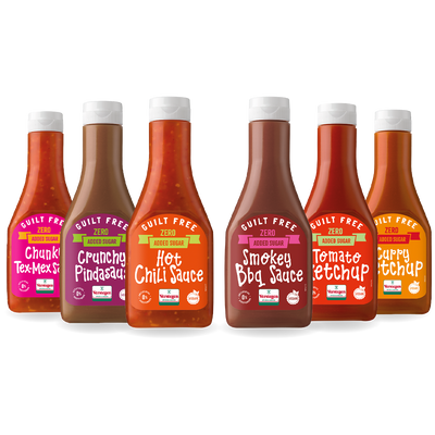 Guilt Free Sauzen Selectie - 6x Suikerarme BBQ & Snacksaus - Ketchup, BBQ, Curry & Chili - 6-delig