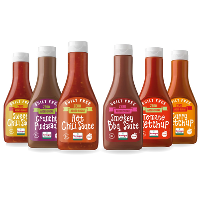 Guilt Free Sauzen Selectie - 6x Suikerarme BBQ & Snacksaus - Ketchup, BBQ, Curry & Chili - 6-delig