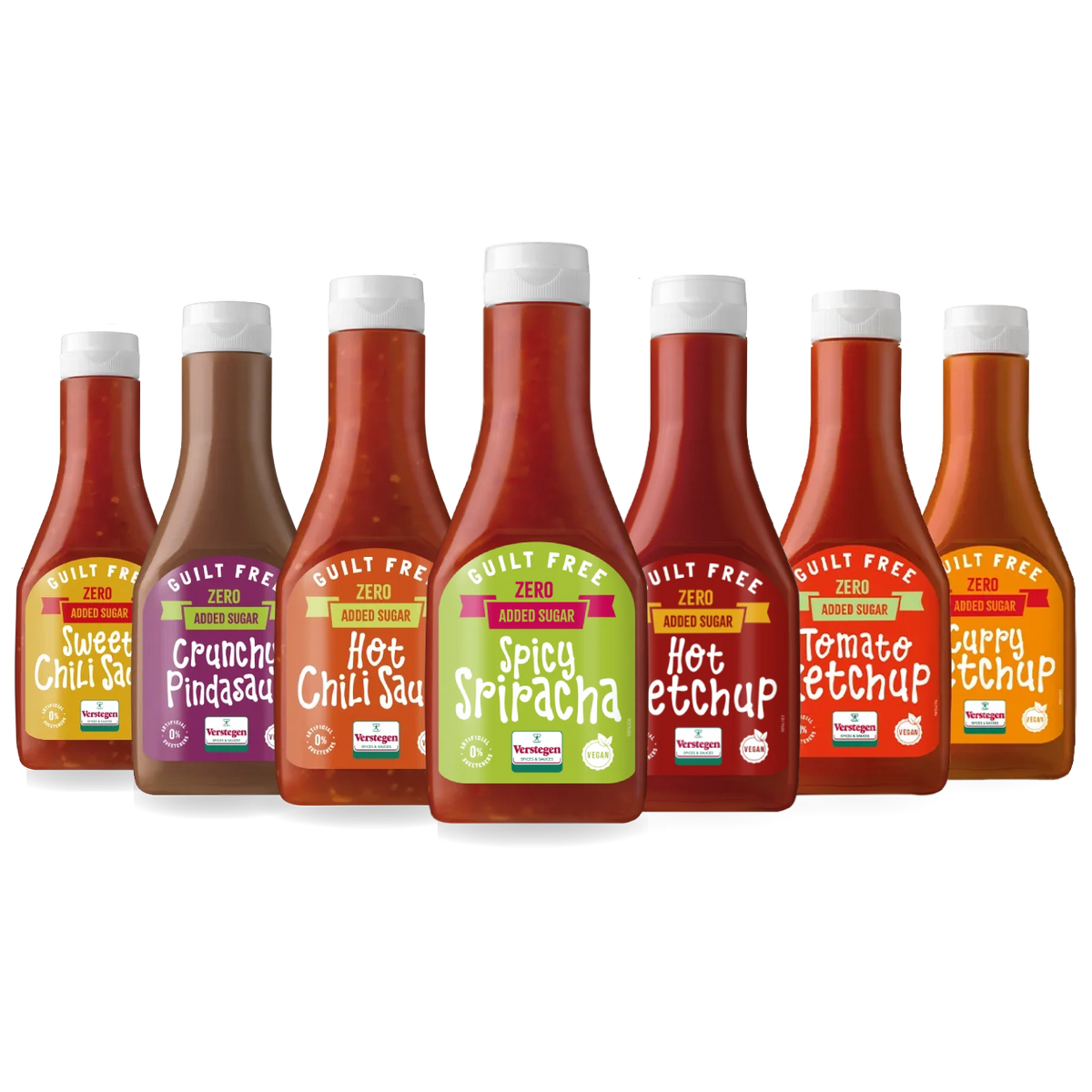 Guilt Free Sauzen Selectie - 7x Snacksaus - Ketchup, Sriracha, Curry & Chili zonder toegevoegde suikers- 7-delig