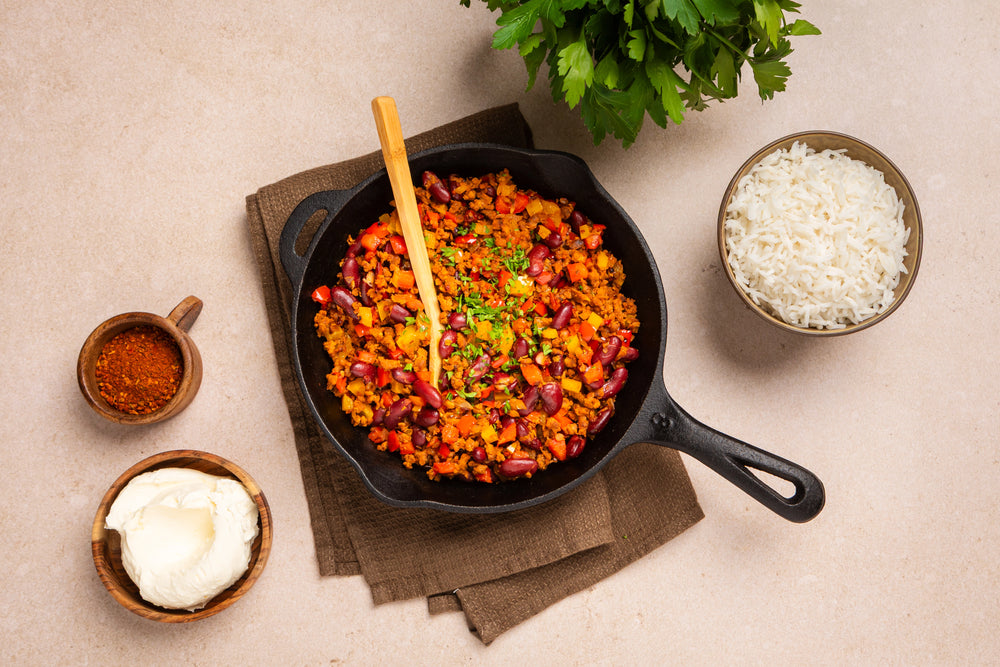 Chili con carne met (vega) gehakt, kidneybonen, paprika en ui