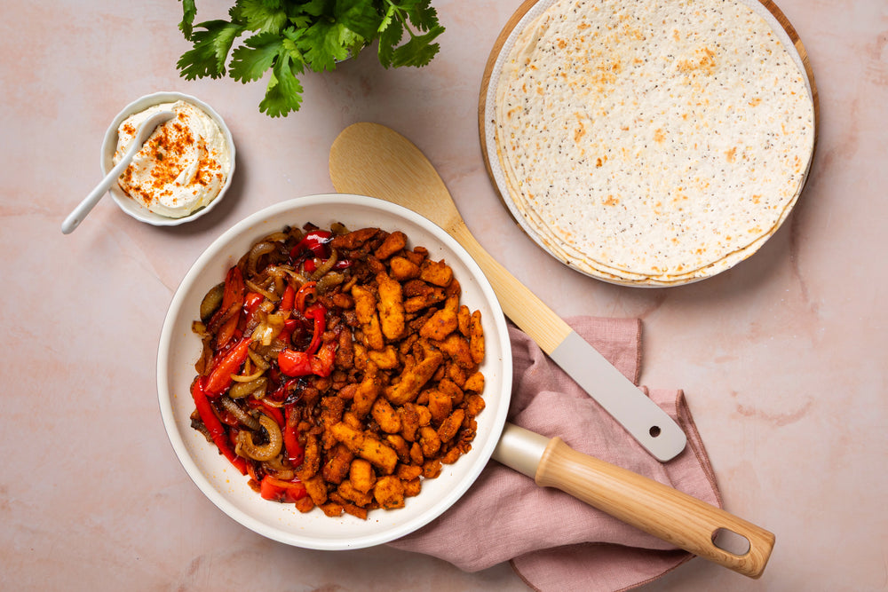 (Vega) kip fajita met paprika, ui en volkoren wraps